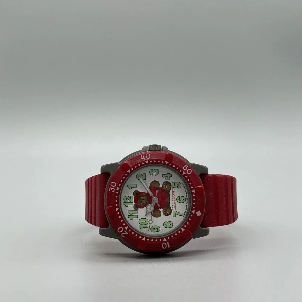 L.L. Bean Bear Women Watch 36mm White Dial Gray Red Rubber Band New Battery